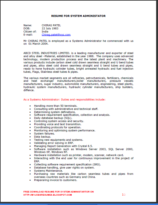 Resume for system administration